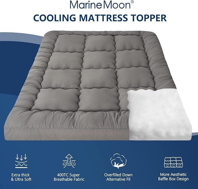 Marine Moon Mattress Topper King Cooling Bed Topper, Extra Thick Soft Mattress Pad Cover, Plush Hotel Quality Down Alternative Pillow Top Mattress Topper for Back Pain Relief with Deep Pocket, Grey