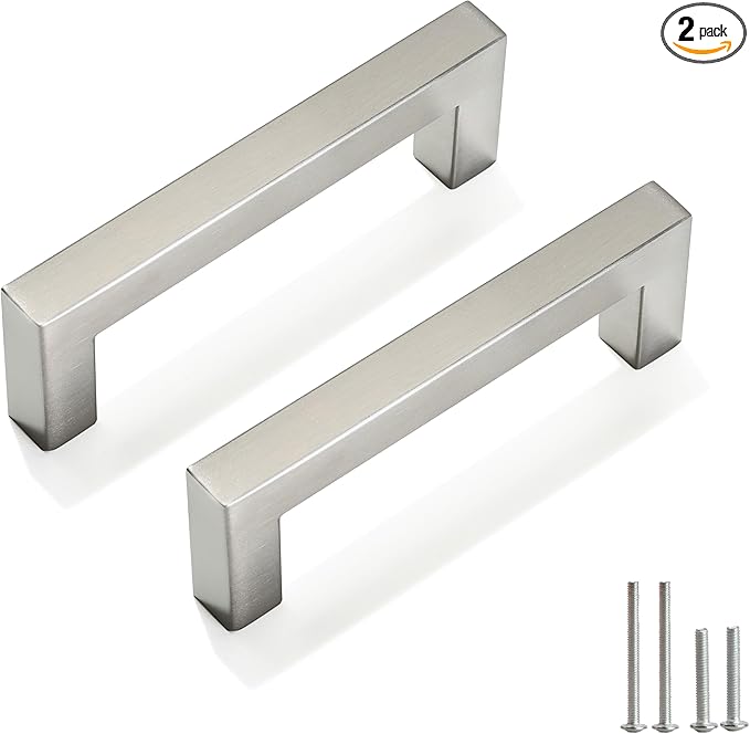 Cabinet Pulls Brushed Nickel Cabinet Handles Square Drawer Pulls, 2 Pack 3-3/4 Inch Stainless Steel Kitchen Door Cupboard Cabinet Handles, Cabinet Hardware Drawer Handles, 96mm Hole Centers
