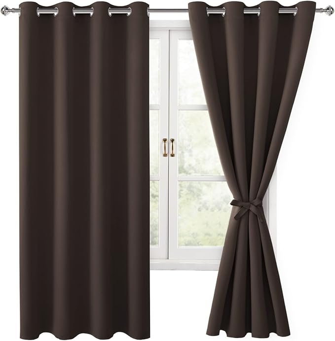Blackout Curtains for Bedroom, 52 x 63 Inches Length Brown 2 Panels | Thermal by Hiasan