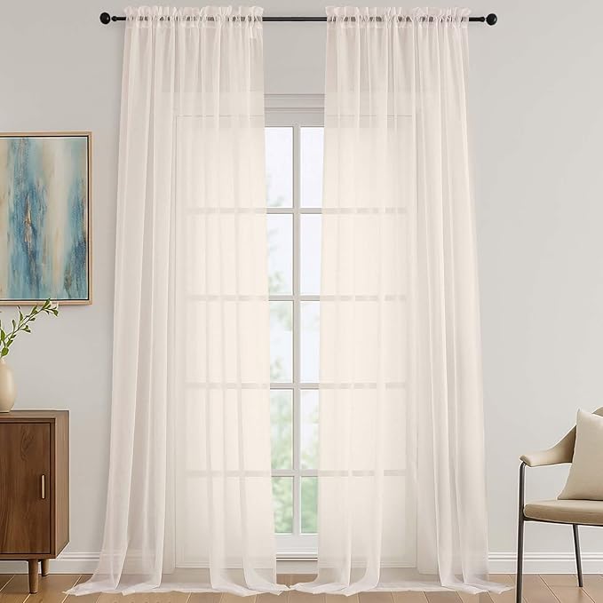 Cream Sheer Curtains 120 Inches Long 2 Panels Set, 59 Inch Extra Wide Soft Airy by OVZME