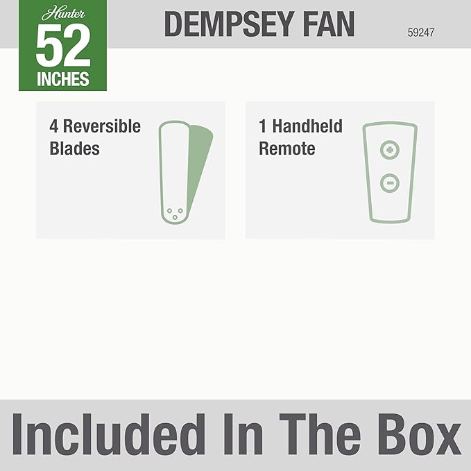 Hunter Fan Company 59247 Dempsey 52 inch Ceiling Fan with Light and Remote, Low Profile Indoor, Brushed Nickel Finish