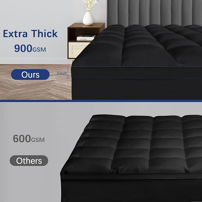 CYMULA Mattress Topper Full XL, Black Mattress Topper Pad Cover, Pillow Top Mattress Toppers with Deep Pockets, Plush Down Alternative Fill Mattress Protector