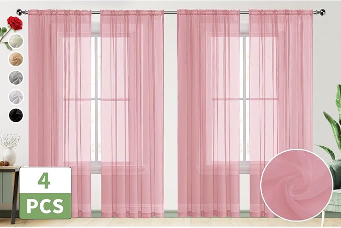 SpaceDresser Sheer Blush Curtains 4 Panels Rod Pocket Semi-Sheer Curtain 45 - Image 2
