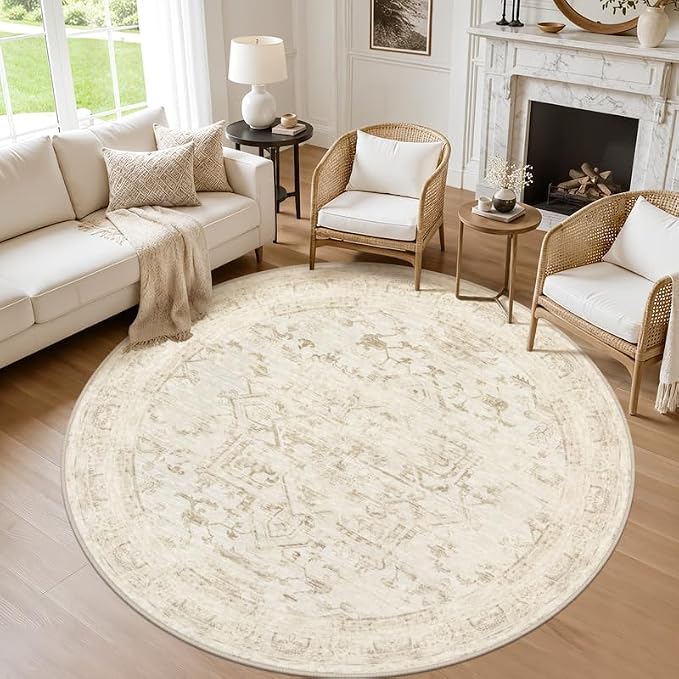 Round Area Rug Living Room: 6ft Washable Carpet Beige/Brown | Vintage Boho by Luxturiy