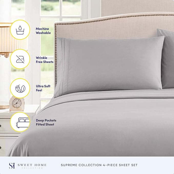 Queen Size Bed Sheets - Breathable Luxury Sheets with Full Elastic & Secure Corner Straps Built In - 1800 Supreme Collection Soft Deep Pocket Bedding, Sheet Set, EXTRA DEEP pocket - Queen, Silver