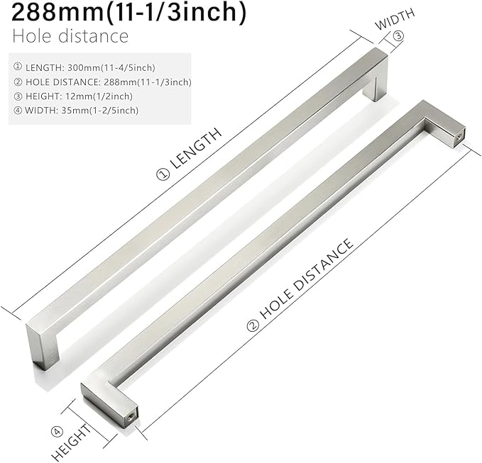Cabinet Pulls Brushed Nickel Cabinet Handles Square Drawer Pulls, 30 Pack 11-1/3 Inch Stainless Steel Kitchen Door Cupboard Handles, Cabinet Hardware Drawer Handles, 288mm Hole Centers