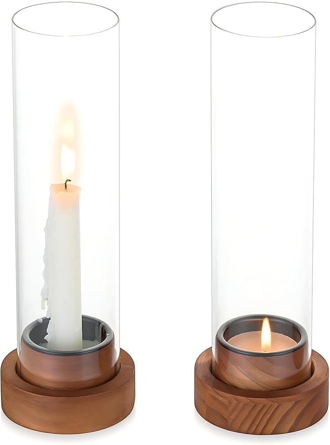 NUPTIO Dripless Taper Candle Holders with Wax Catchers: Set of 2 Hurricane Glass Candlestick Holders with Metal Bobeches for Easier Reuse - Brown Wood Modern Table Centerpiece for Outdoor Dinner