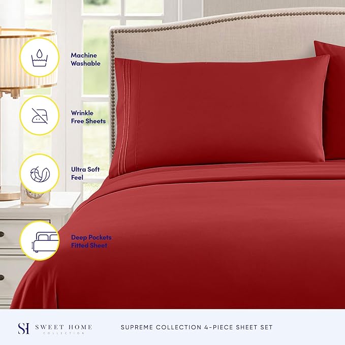Queen Size Bed Sheets - Breathable Luxury Sheets with Full Elastic & Secure Corner Straps Built In - 1800 Supreme Collection Extra Soft Deep Pocket Bedding Set, Sheet Set, Queen, Red