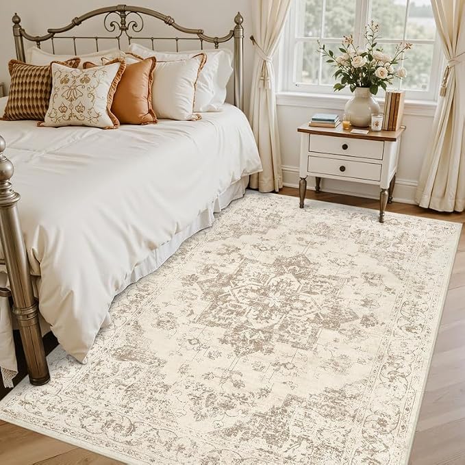 3x5 Area Rugs Living Room: Bedroom Washable Carpet Beige/Ivory | Vintage Boho - Image 2