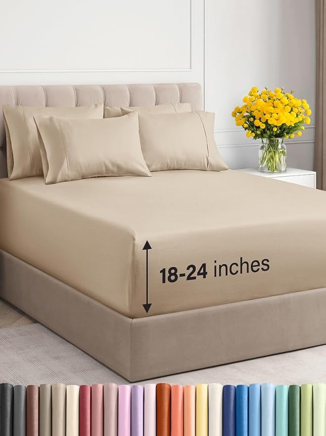Extra Deep Queen Sheet Set - 6 Piece Breathable and Cooling Sheets - Hotel Luxury Bed Sheets Set - Easy & Secure Fit - Soft, Wrinkle Free and Comfy Sheets Set - Cream Sheet Set with Extra Deep Pockets