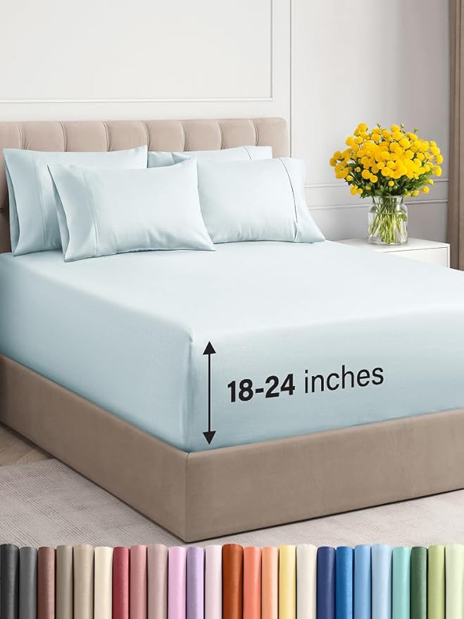 Extra Deep King Sheet Set - 6 Piece Breathable & Cooling Sheets - Hotel Luxury Bed Sheets Set - Easy & Secure Fit - Soft, Wrinkle Free & Comfy Sheets Set - Ice Blue Sheet Set with Extra Deep Pockets