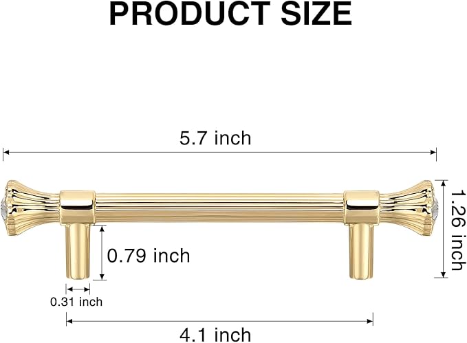 4 Pack Kitchen Cabinet Handles Gold, Crystal Dresser Drawer Pulls, Modern Bathroom Cabinet Handles, Kitchen Hardware for cabinets, Zinc Alloy Pull, 5.7 Inch Length, 4.1 Inch Hole Center