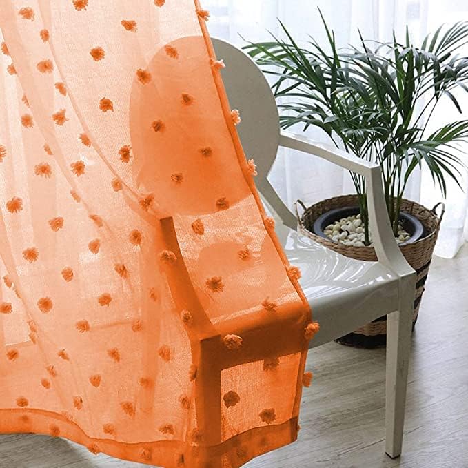 MYSKY HOME Orange Sheer Short Curtains with Pom Pom for Small Windows Bedroom Nursery Kids Girls Room Curtains Cafe Kitchen Light Filtering Boho Drapes, Rod Pocket,52 x 54 Inches, 2 Panels