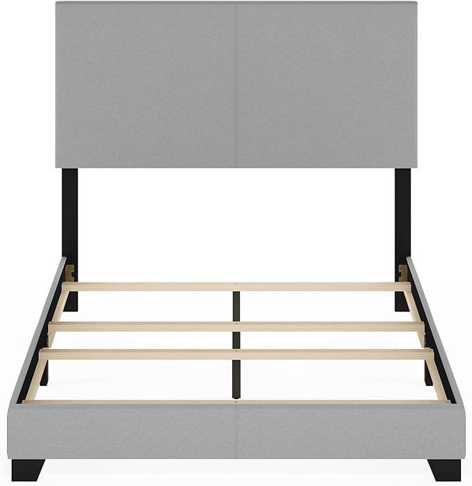 Furinno Pessac Fabric Upholstered Bed Frame with Wooden Slat Support, Full, Glacier