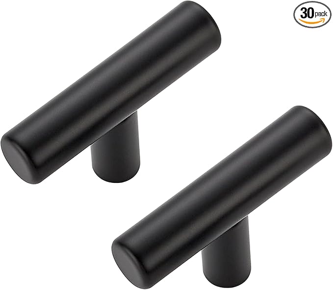30 Pack Matte Black Cabinet Knobs - Kitchen Cabinet Knobs Black Pulls for Kitchen Drawer Stainless Steel Dresser Hardware 2in Length Single Hole T Bar