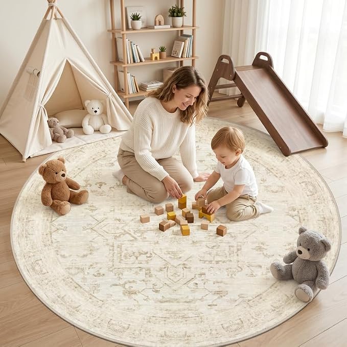 Round Area Rug Living Room: 8ft Washable Carpet Beige/Brown | Vintage Boho - Image 3
