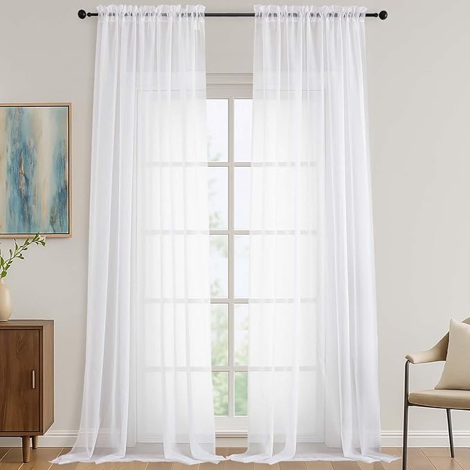 White Sheer Curtains 108 Inches Long 2 Panels Set, Extra Wide Solid Lightweight by OVZME
