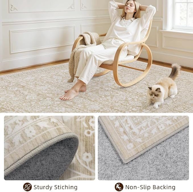 10x14 Area Rugs Living Room: Bedroom Washable Carpet Natural Beige | Large - Image 4