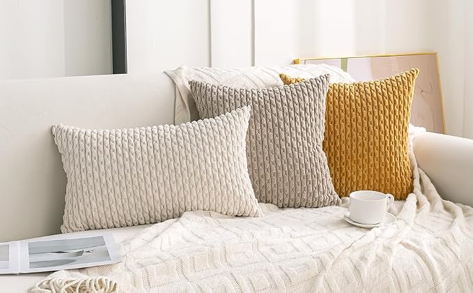 Set of 4 Cream White Decorative Throw Pillow Covers 26x26 Inch Corduroy Pillow - Image 3