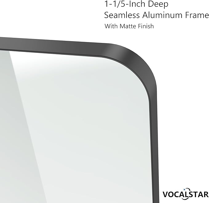 VocalStar Black Metal Framed Bathroom Mirror for Wall, 48 x 36 Inch Large Rounded Rectangle Matte Black Bathroom Vanity Mirror Farmhouse, 1/4-inch Shatterproof Glass | Ultra-Flush Hanging