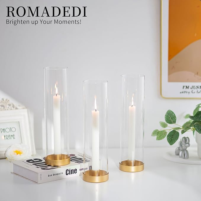 Romadedi Candlestick Candle Holders Hurricane Glass - 12 Inch Clear Gold Taper Candle Holders for Table Centerpiece Wedding Party Birthday Christmas Decor Home Decorations, Set of 2