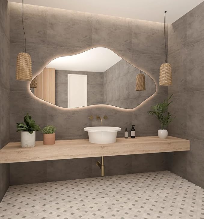 Asymmetrical Bathroom LED Mirror, Modern Irregular Shape Wall Mirror with LED Lights, Frameless Aesthetic Backlit LED Illimunated Vanity Mirror (55" x 27" inc)