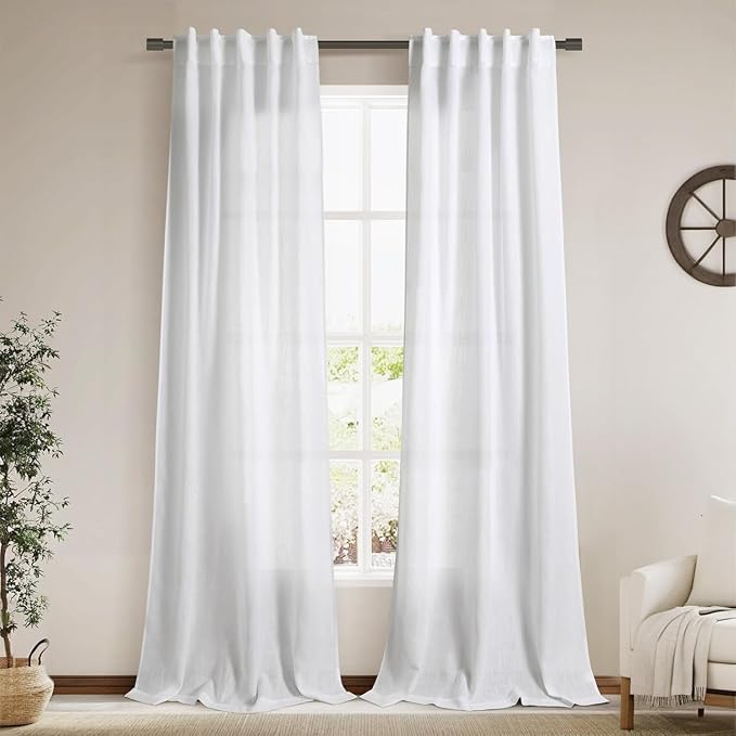 Linen White Curtains 120 Inches Long 2 Panels Set Back Tab Rod Pocket Semi by Nanspring