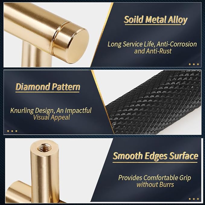 Knurled Cabinet Pulls 2 Pack, 4 Inch Long Cabinet Handles Metal Door Pulls, Kitchen Drawer Pull Knurled Dresser Handles - 3" Hole to Hole, Black & Gold