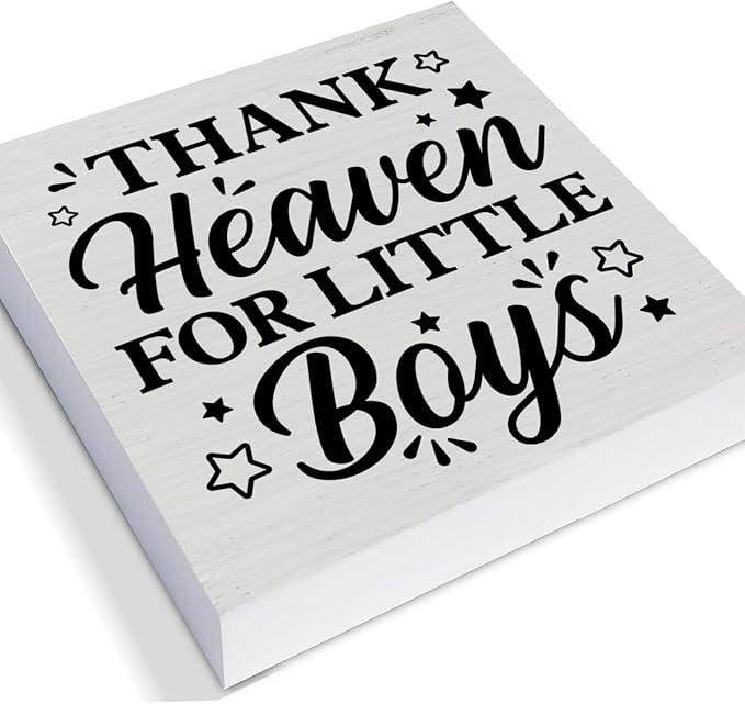 Baby Boy Nursery Decorative Wooden Box Sign Thank Heaven for Little Boys Wood Block Plaque Decor Farmhouse Home Nursery Shelf or Wall Display 5x5 Inches