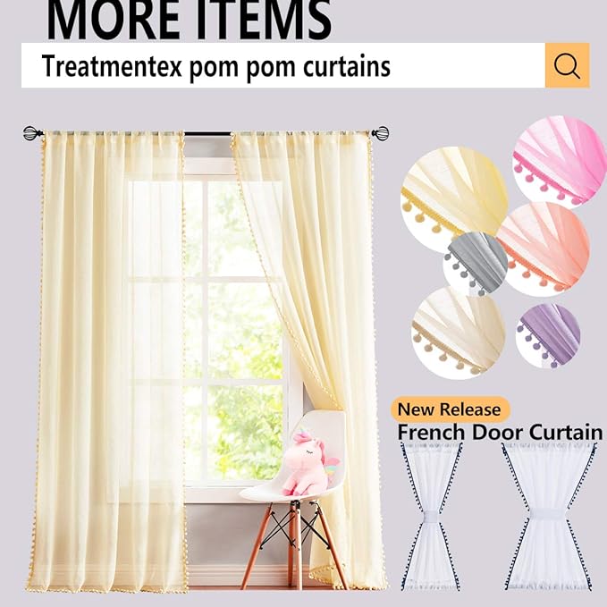 Treatmentex Black Pom Pom Sheer Curtains for Bedroom 63" Linen Texture Decorative Voile Draperies Chic Solid Sheer Curtain Panels for Living Room 52" w 2 Pack