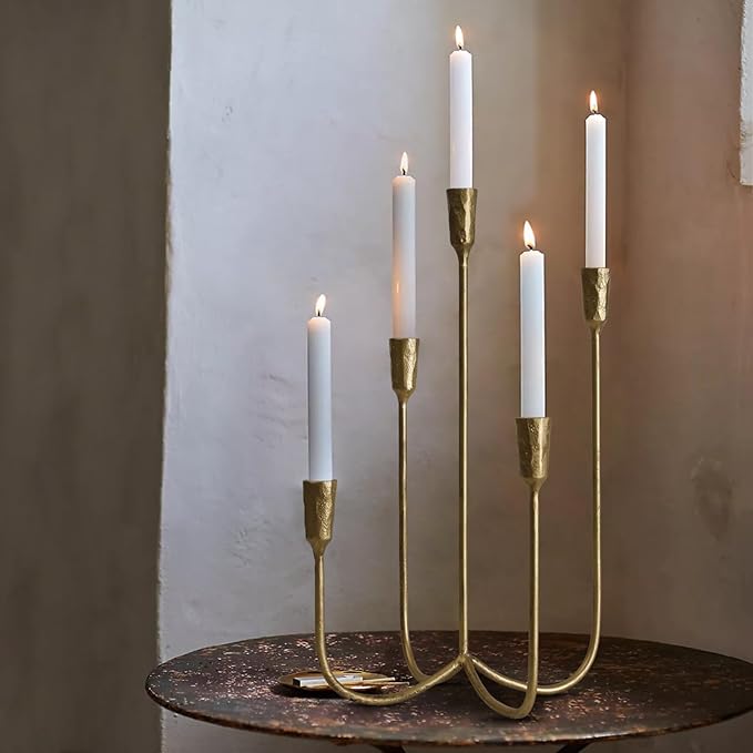 5-Candle Cast Iron Metal Candelabra Candlestick Holders 15 inch Tall Candle Holder Wedding Event Candelabra Candle Stand Brass Gold