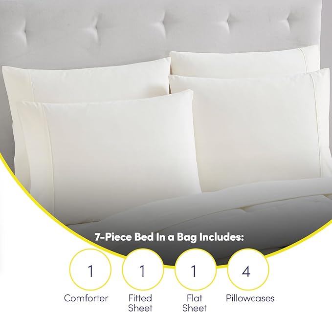Sweet Home Collection 7 Piece Comforter Set Bag Solid Color All Season Soft Down Alternative Blanket & Luxurious Microfiber Bed Sheets, Ivory, Queen