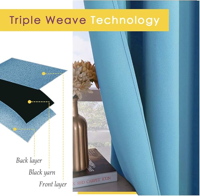 NICETOWN Bedroom Blackout Draperies Panels, 2 Panels, 42 x 72 Inch, Teal Blue, Three Pass Microfiber Noise Reducing Thermal Insulated Solid Ring Top Window Curtains