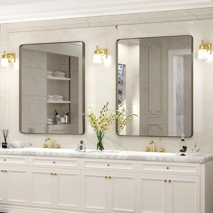 30x36 Bronze Bathroom Wall Mirror, Modern Brushed Metal Framed Mirror for Vanity, Rounded Oil Rubbed Bronze Frame, Anti-Rust, Tempered Shatterproof (Horizontal/Vertical)