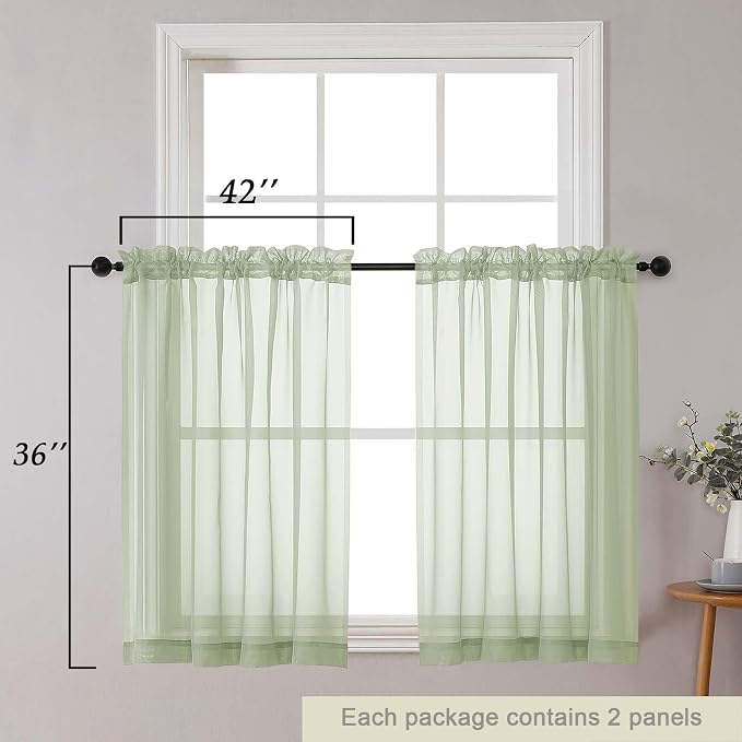 Cafe Curtains 36 Inch Length Tier 2 Pieces, Modern Soft Airy Sheer Kitchen - Image 2