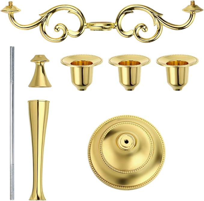 OwnMy 3 Arms Metal Candelabra Candlestick Silver European Elegant Candle Holder Candle Stand for Wedding Dining Table Christmas Party Home Decoration (Golden Tone)