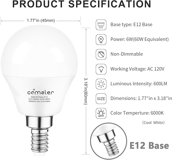 comzler LED Light Bulbs, 60 watt Equivalent 6000K Cool White Daylight A15 Ceiling Fan Bulbs, E12 Base Candelabra Small Light Bulbs, 600lm, Non-Dimmable, Pack of 6
