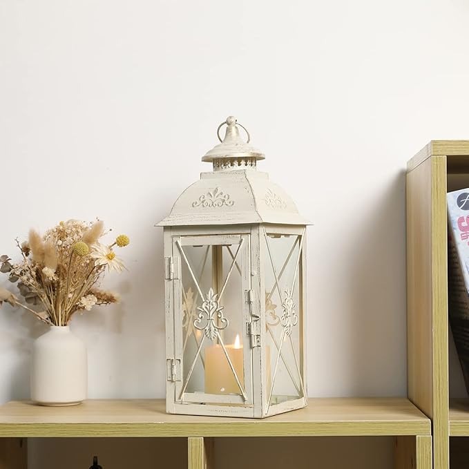 TRIROCKS Elegant Vintage Lantern - Decorative 13.5'' Metal & Glass Candle Holder - Perfect for Indoor & Outdoor Use, Patio, Garden, Parties - Sophisticated White & Gold Brushed Finish