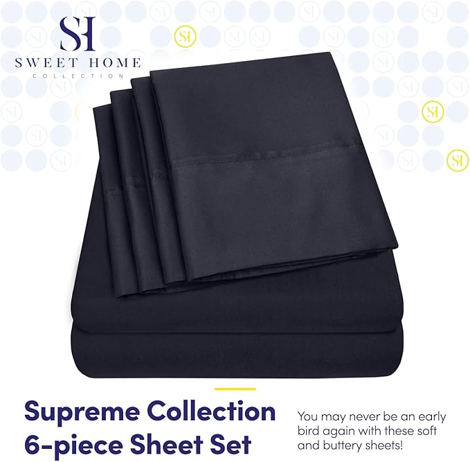 Sweet Home Collection 6 Piece 1500 Supreme Collection Brushed Microfiber Deep Pocket Sheet Set-2 Extra Pillow Cases, Great Value, Rv Short Queen, Navy