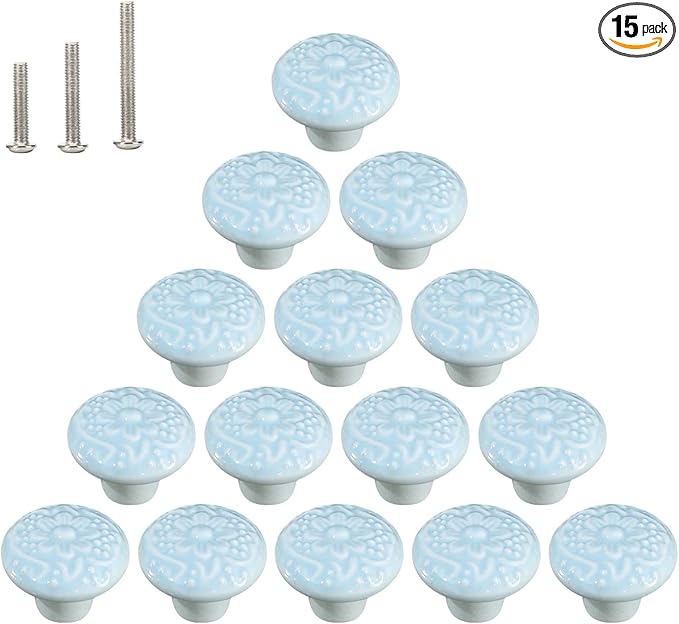 HUAMULAN 15 PCS Cabinet Knobs Glossy Ceramic Dresser Mushroom Table Drawer Cupboard Pull Furniture DIY Wardrobe Solid Color Vintage Handle,with 3 Size Mounting Screws