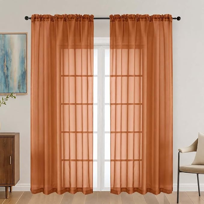 Orange Sheer Curtains 84 Inches Long 2 Panels Set, Light Filtering Sheer by OVZME