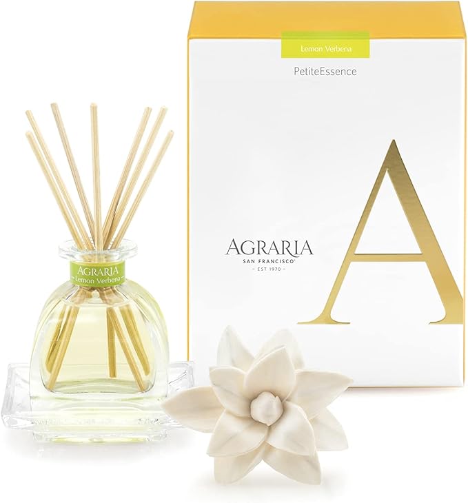 AGRARIA Lemon Verbena Scented PetiteEssence Diffuser, 1.7 Ounces with Reeds and a Flower