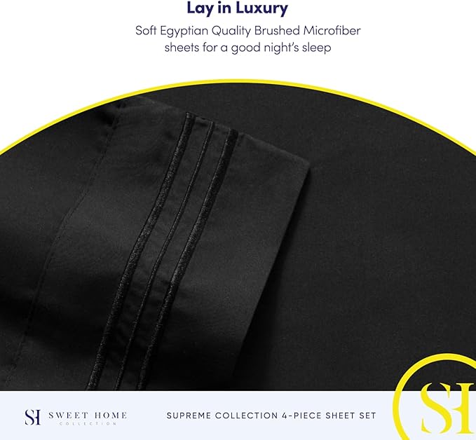 RV Queen Bed Sheets - Breathable Luxury Sheets with Full Elastic & Secure Corner Straps Built In - 1800 Supreme Collection Extra Soft Deep Pocket Bedding Set, Sheet Set, RV Short Queen, Black