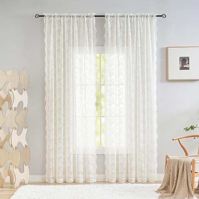 YJ YANJUN Vintage Lace Curtains 94 Inches Long- Antique Flowers Ivory Sheer - Image 3