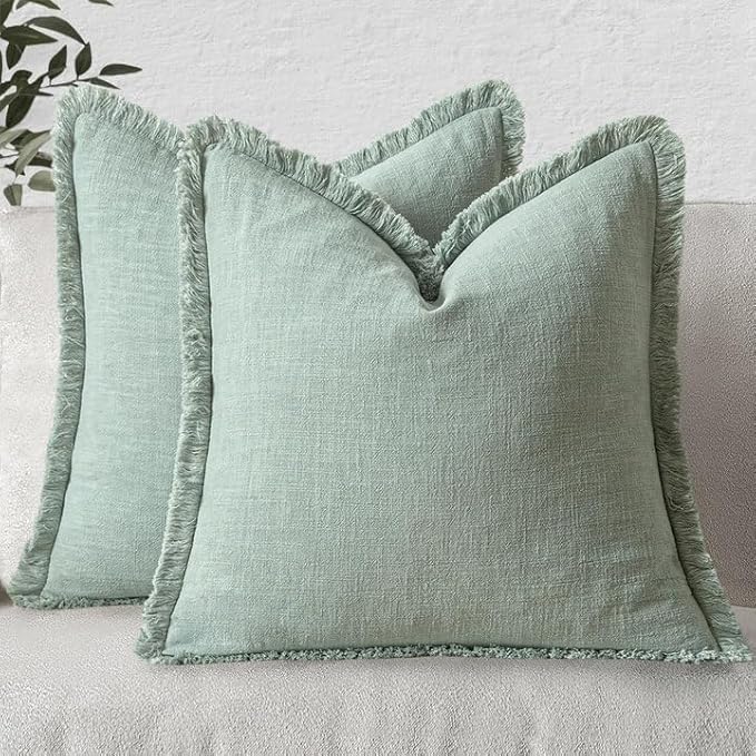 MIULEE Boho Linen Fringe Decorative Throw Pillow Covers Aqua Green 18x18 | Set by MIULEE