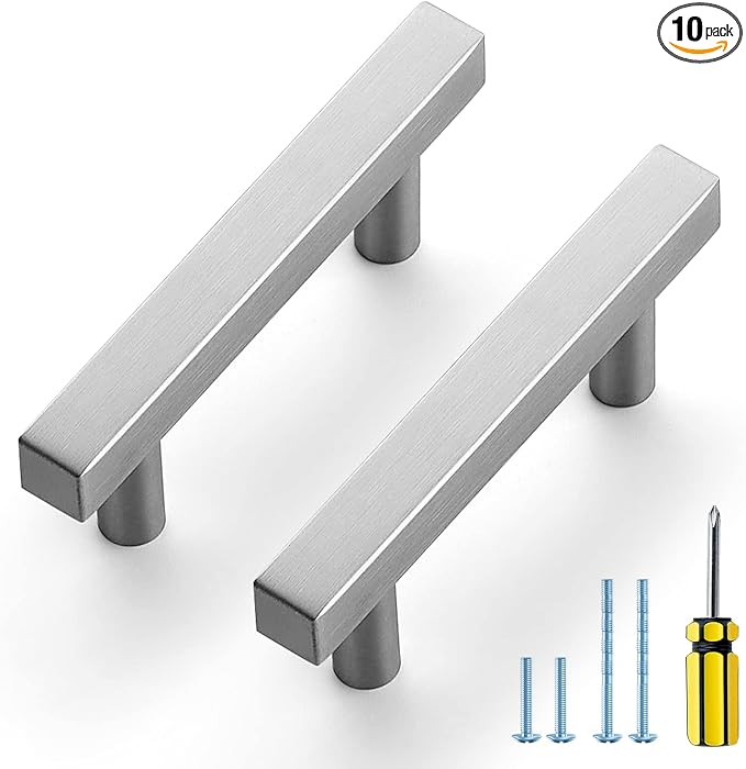 Ravinte Brushed Nickel Cabinet Handles 10 Pack 2-1/2 inch Satin Nickel Square Cabinet Pulls Silver Hardware for Kitchen Cabinets 4 inch Overall Length Stainless Steel Drawer Pulls