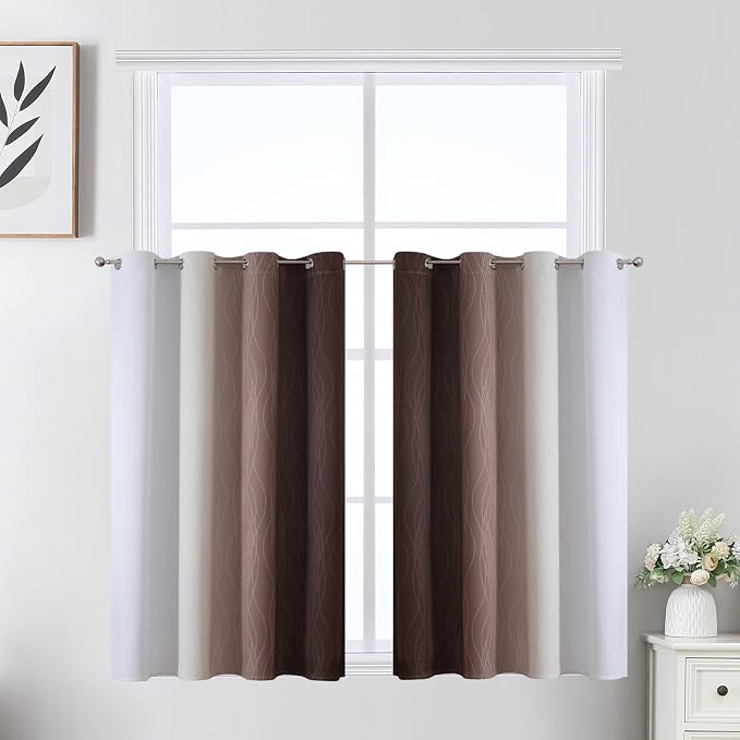 Brown and Greyish White Blackout Curtains 52Wx36L 2 Panels | Ombre Curtains - Image 2