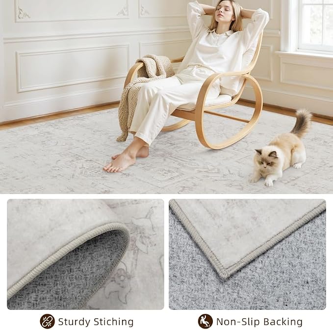 6x9 Area Rugs Living Room: Bedroom Washable Carpet Neutral Cream | Large - Image 4