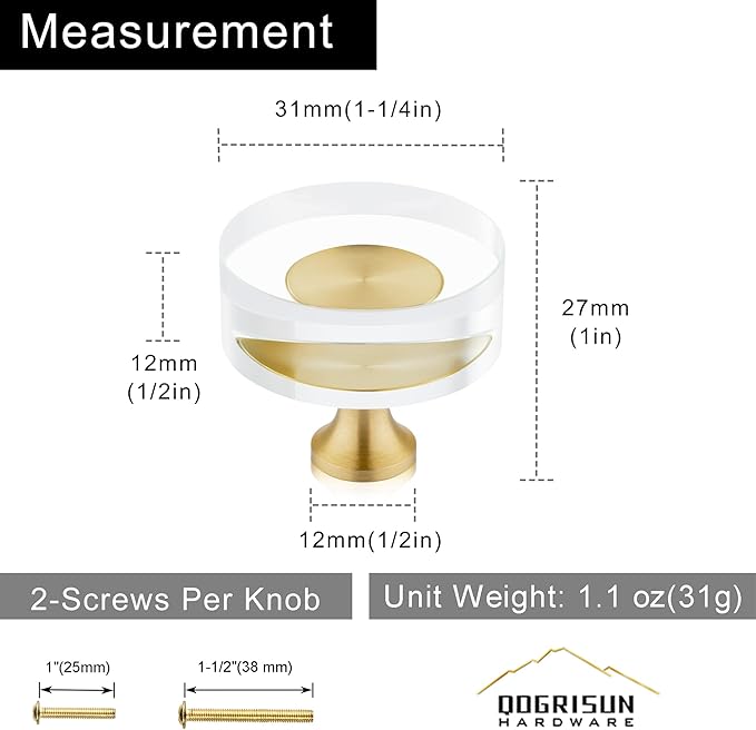 QOGRISUN 5-Pack Brass Crystal Cabinet Knobs,Glass Crystal Gold Drawer Knobs,1-1/4-Inch Round, Decorative Dresser Pulls, Modern Cabinet Hardware