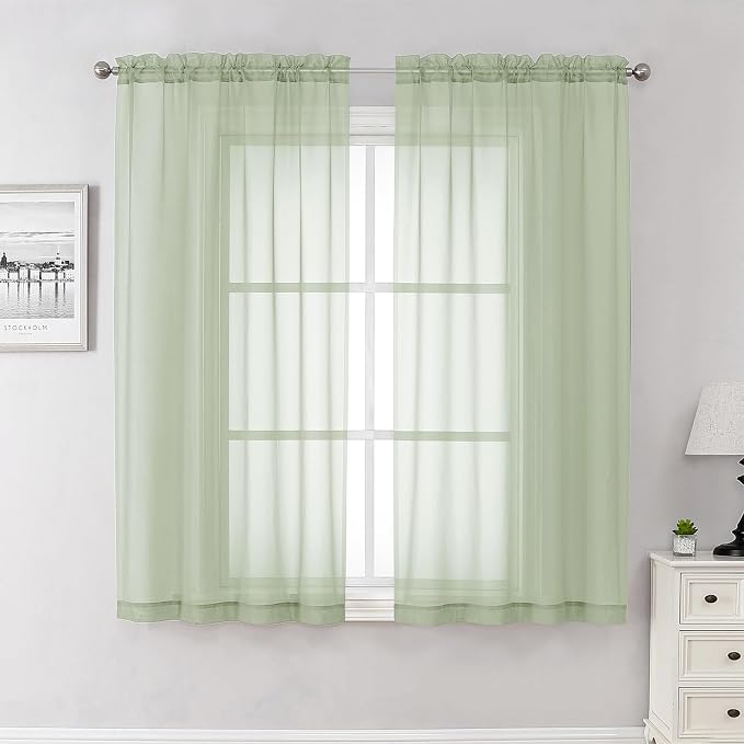 Light Green Sheer Curtains 63 Inch Length 2 Panels Set, Elegant Voile Curtains by Lecloud